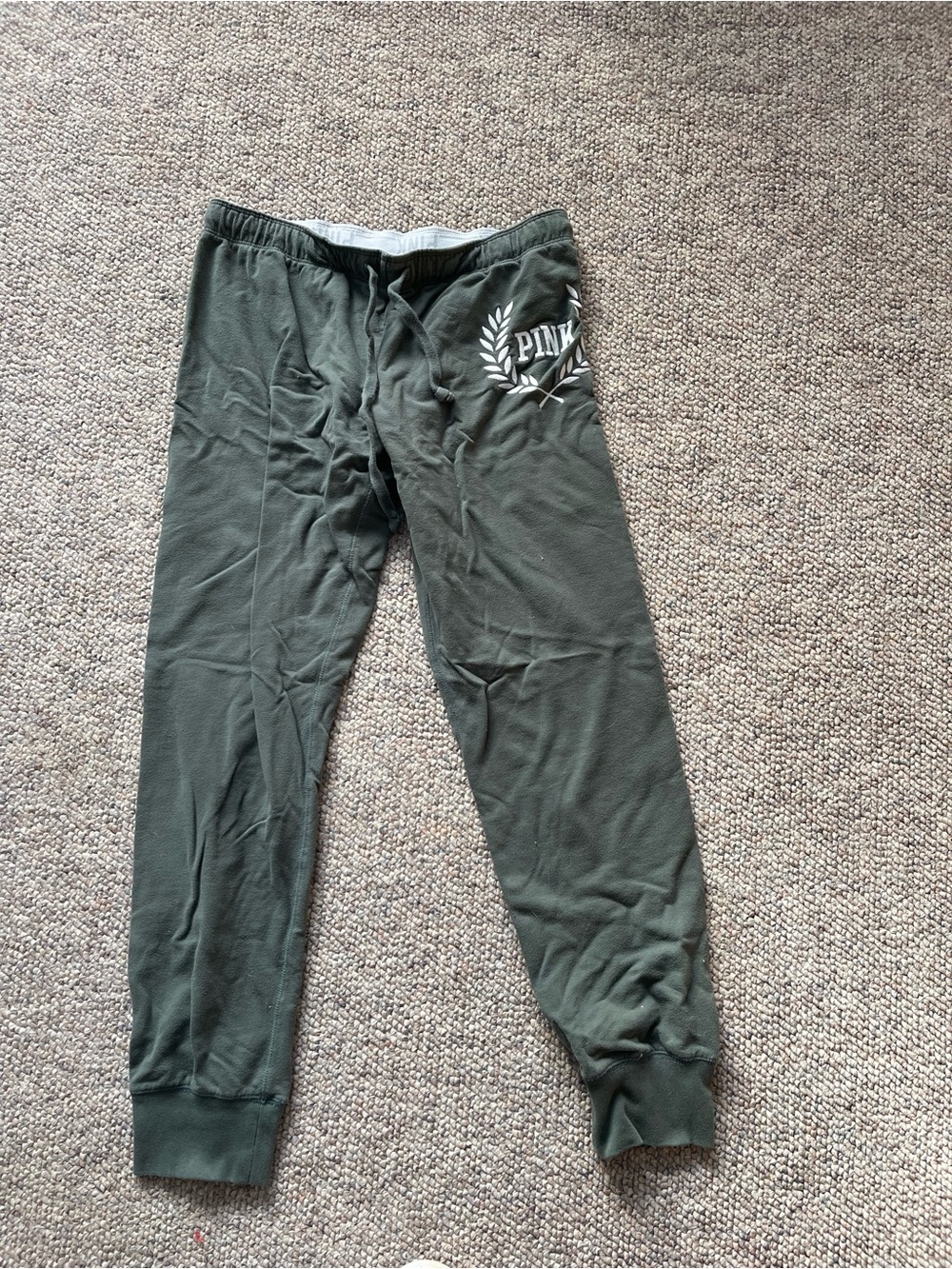 PINK Victoria's Secret Olive Green Sweatpants with White Logo